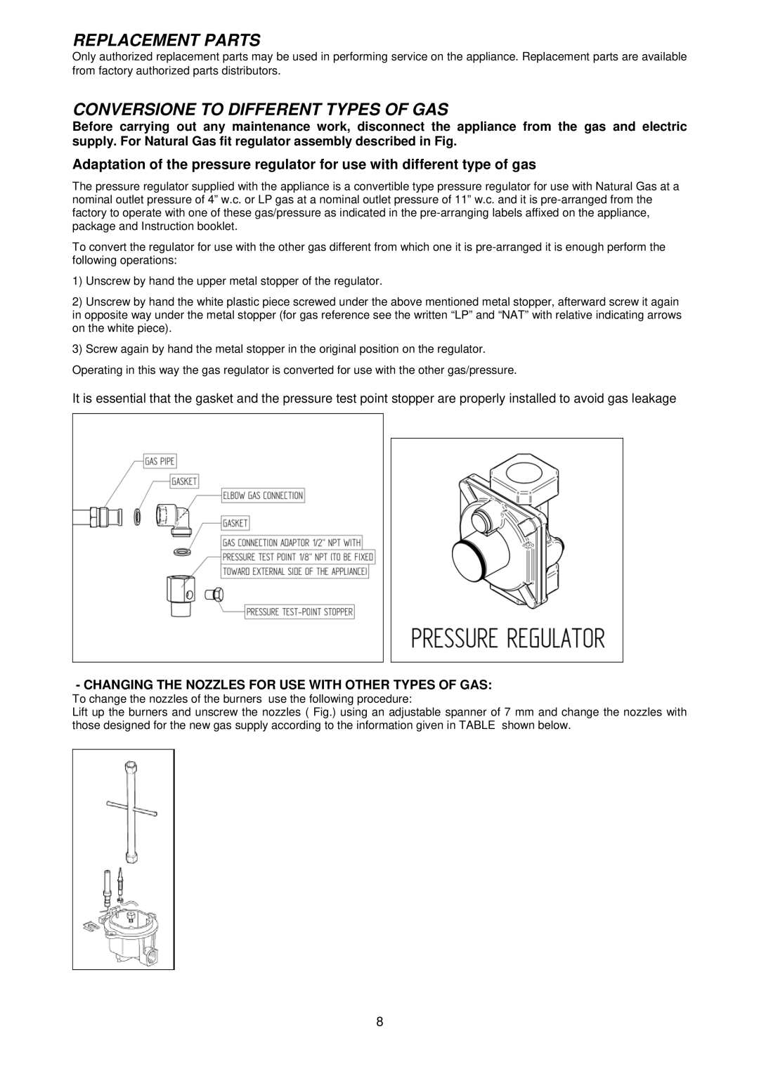 Bertazzoni CB36500X, CB36600X dimensions Replacement Parts, Conversione to Different Types of GAS 