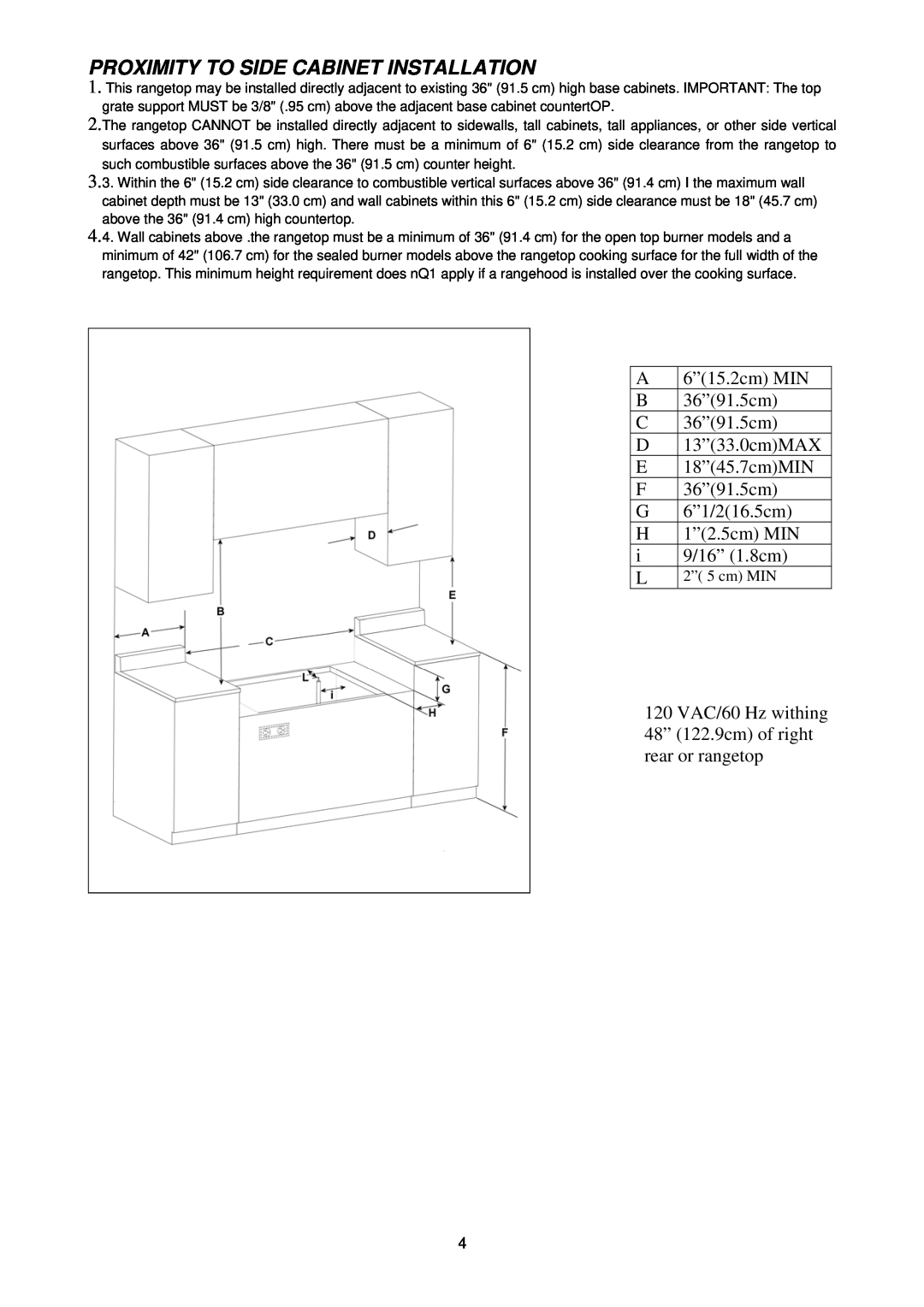 Bertazzoni CB36500X, CB36600X dimensions Proximity To Side Cabinet Installation, 2” 5 cm MIN 