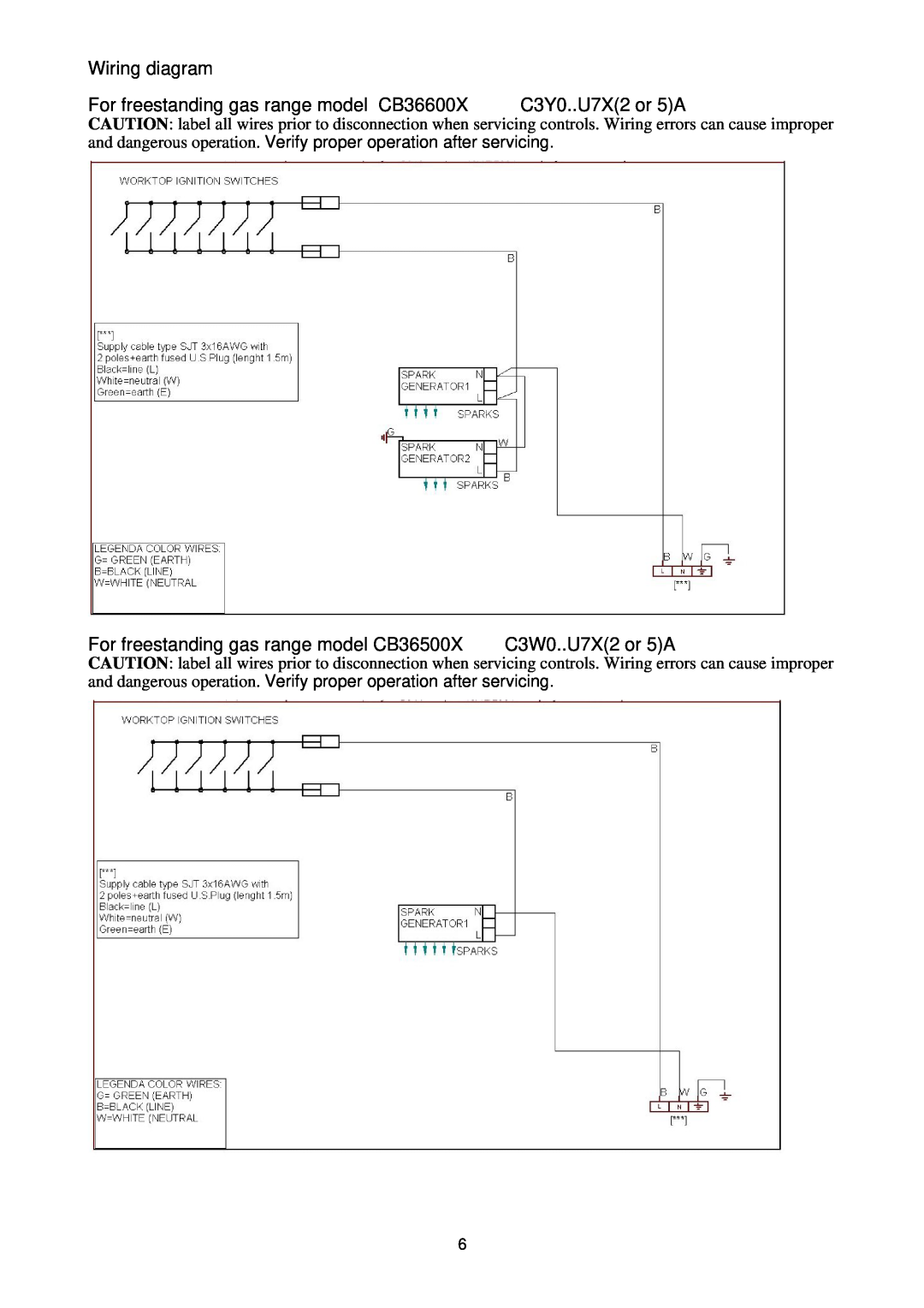 Bertazzoni CB36500X Wiring diagram, For freestanding gas range model CB36600X, C3Y0..U7X2 or 5A, C3W0..U7X2 or 5A 