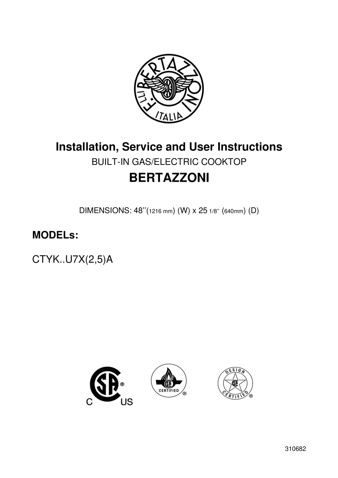 Bertazzoni CTYK..U7X(2,5)A dimensions Bertazzoni 