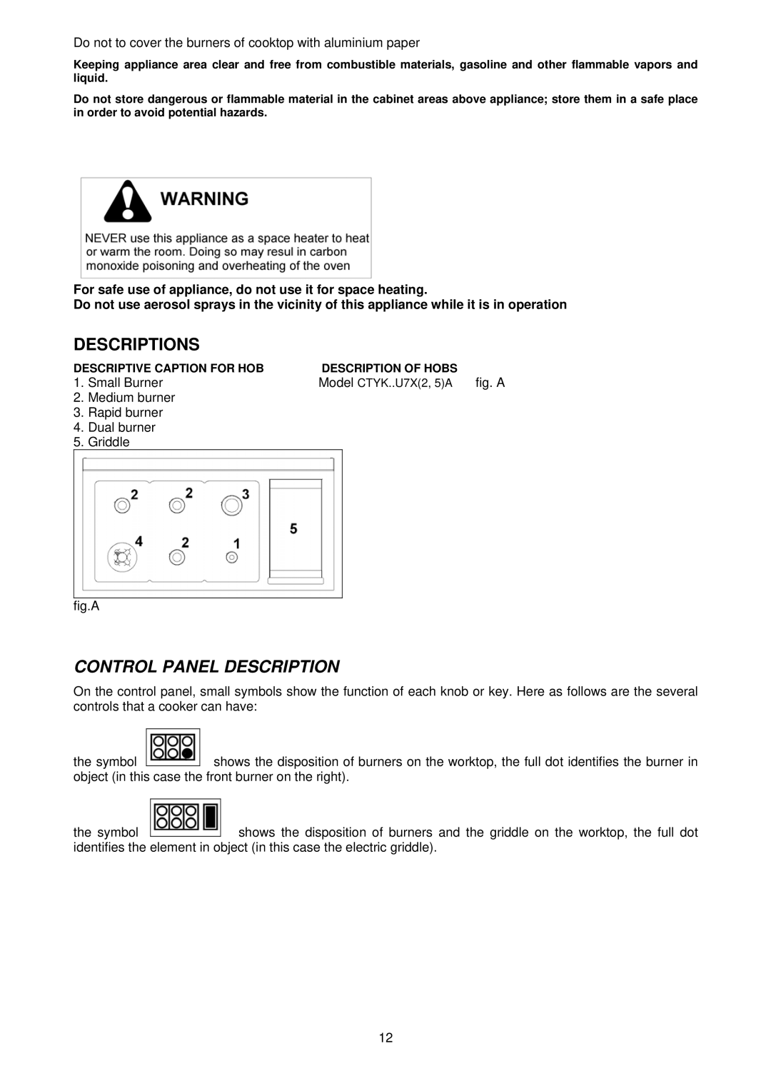 Bertazzoni CTYK..U7X(2,5)A Control Panel Description, Do not to cover the burners of cooktop with aluminium paper 