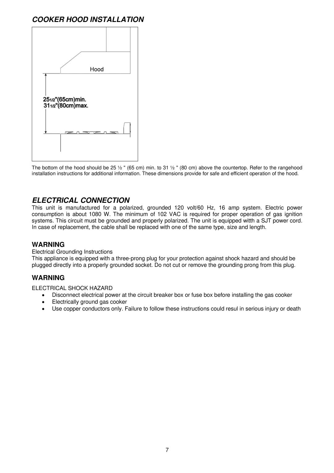 Bertazzoni CTYK..U7X(2,5)A dimensions Cooker Hood Installation, Electrical Connection 