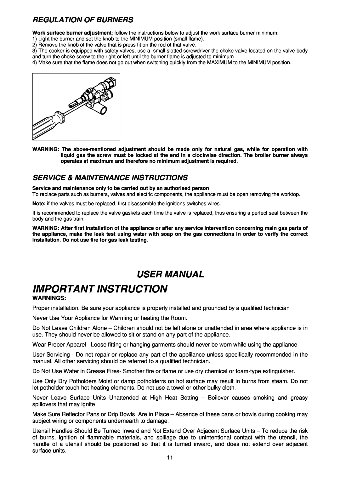Bertazzoni CTYK..U7X(2,5)A dimensions Important Instruction, Regulation Of Burners, Service & Maintenance Instructions 