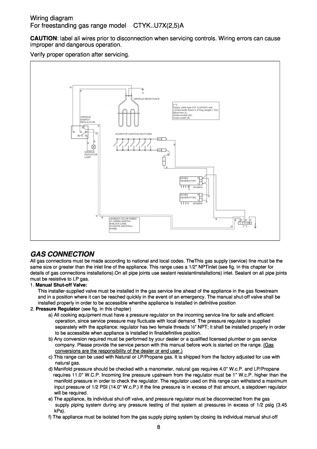 Bertazzoni CTYK..U7X(2,5)A dimensions Gas Connection, Wiring diagram, For freestanding gas range model CTYK..U7X2,5A 