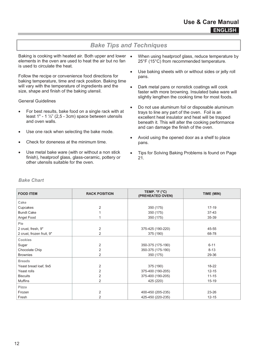 Bertazzoni F24PROXV manual Bake Tips and Techniques, Bake Chart 