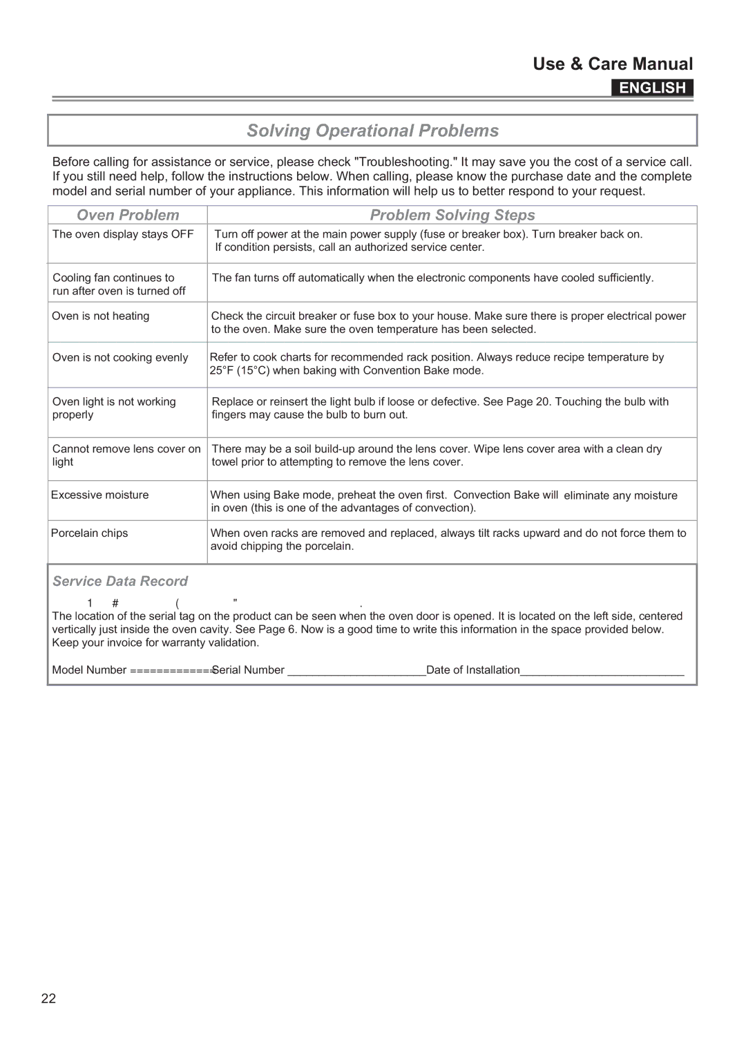 Bertazzoni F24PROXV manual Solving Operational Problems, Service Data Record 