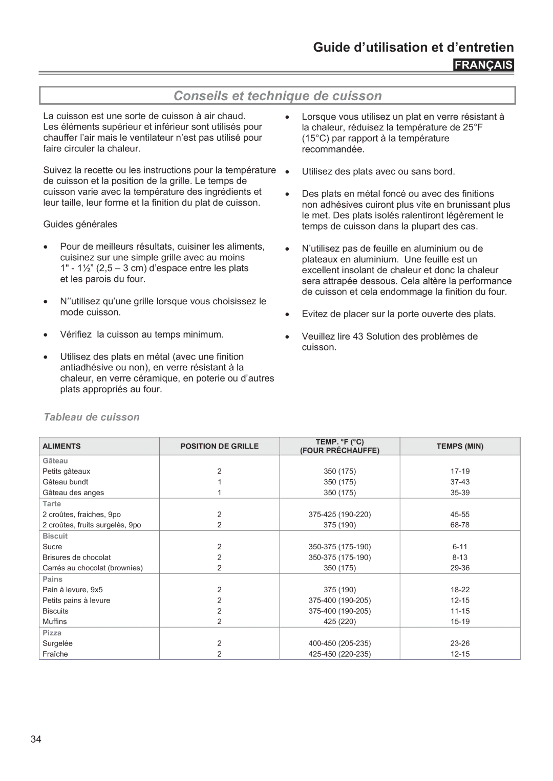 Bertazzoni F24PROXV manual Conseils et technique de cuisson, Tableau de cuisson 