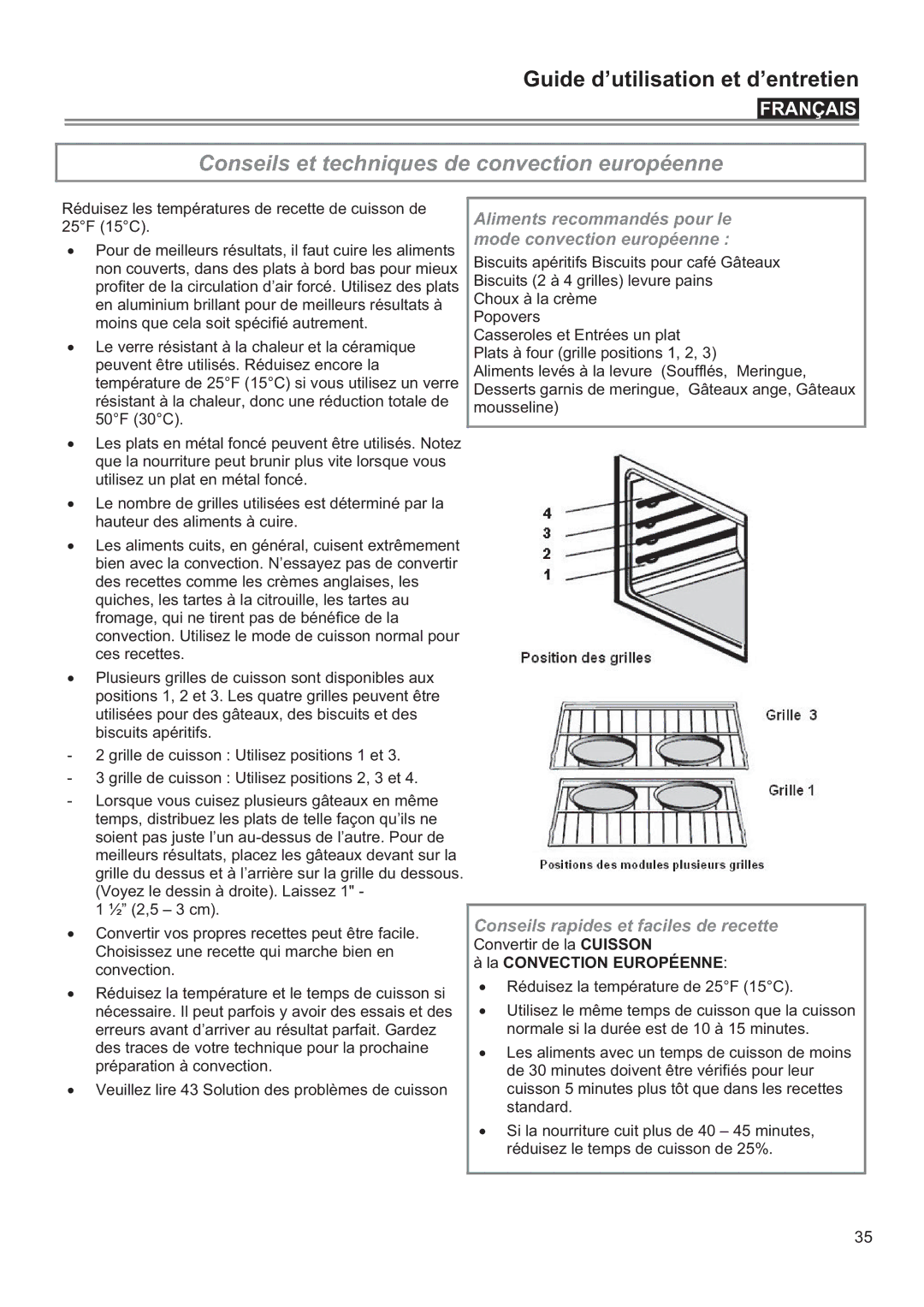 Bertazzoni F24PROXV manual Conseils et techniques de convection européenne, Conseils rapides et faciles de recette 