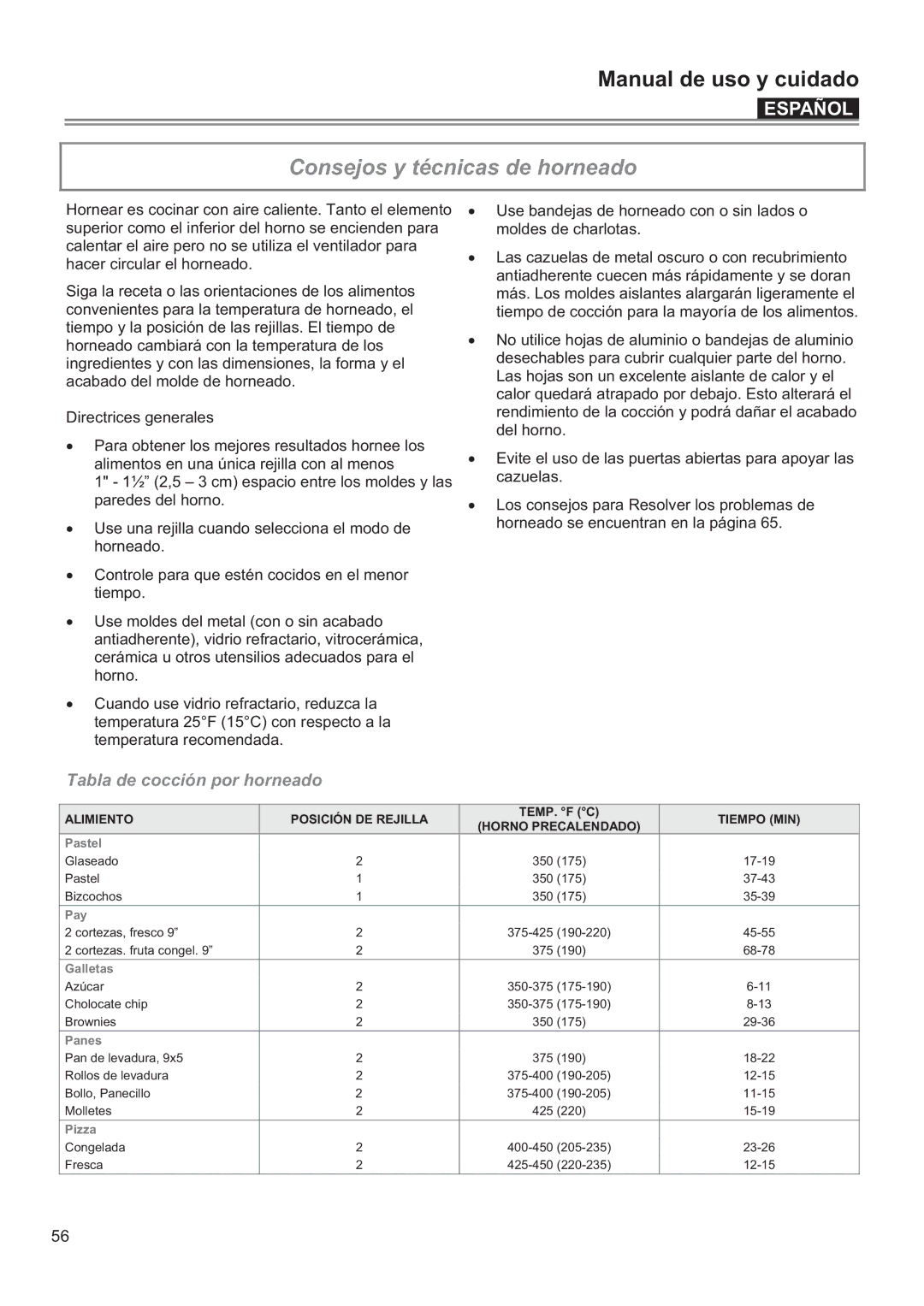 Bertazzoni F24PROXV manual Consejos y técnicas de horneado, Tabla de cocción por horneado 