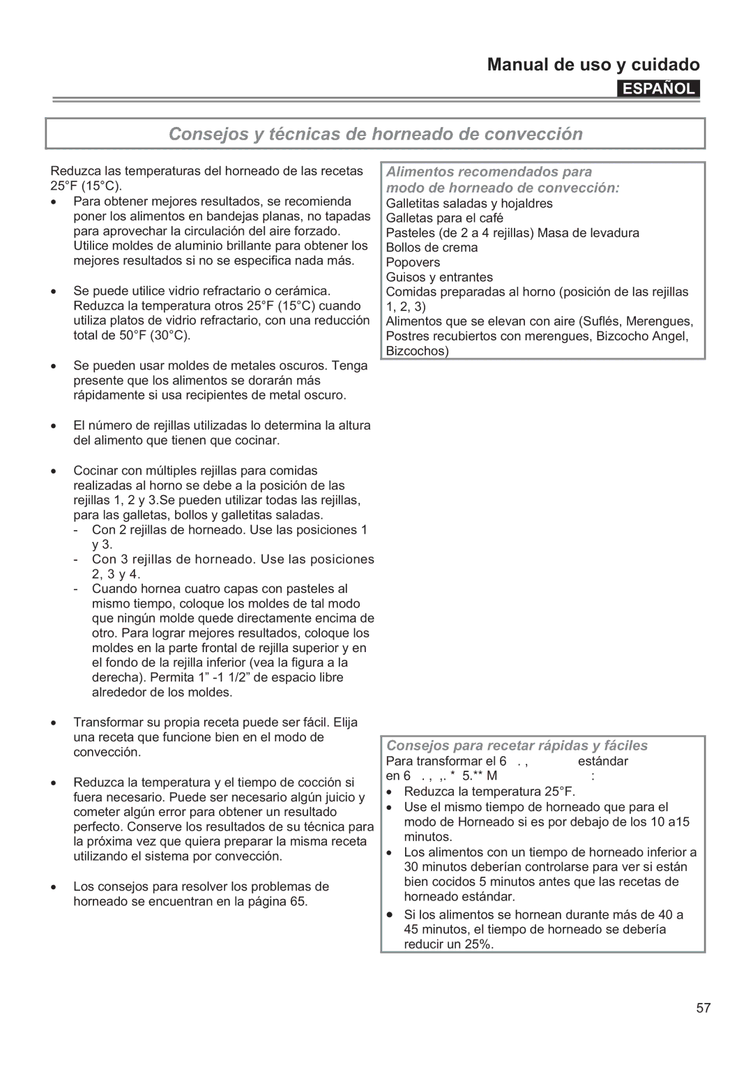 Bertazzoni F24PROXV manual Consejos y técnicas de horneado de convección, Consejos para recetar rápidas y fáciles 