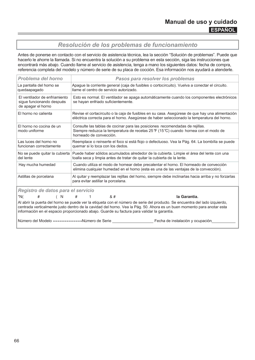 Bertazzoni F24PROXV Resolución de los problemas de funcionamiento, Problema del horno Pasos para resolver los problemas 