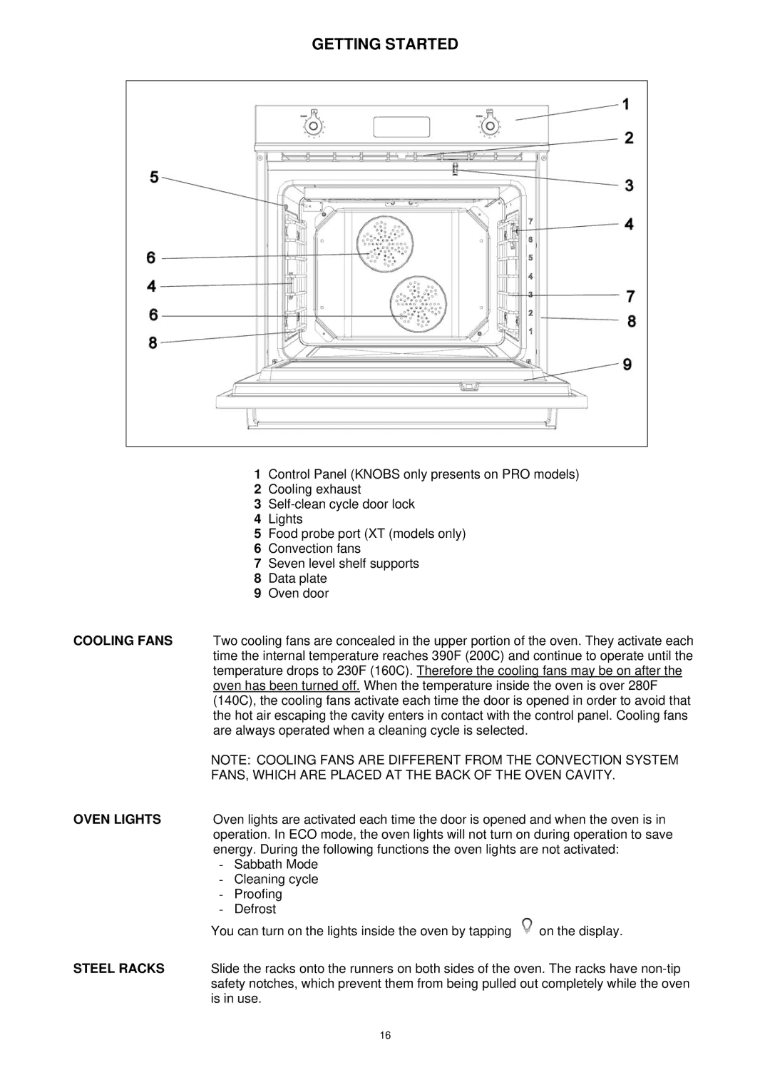 Bertazzoni F30CONXT, F30CONXE, F30PROXT, F30PROXE manual Getting Started, Cooling Fans, Oven Lights 