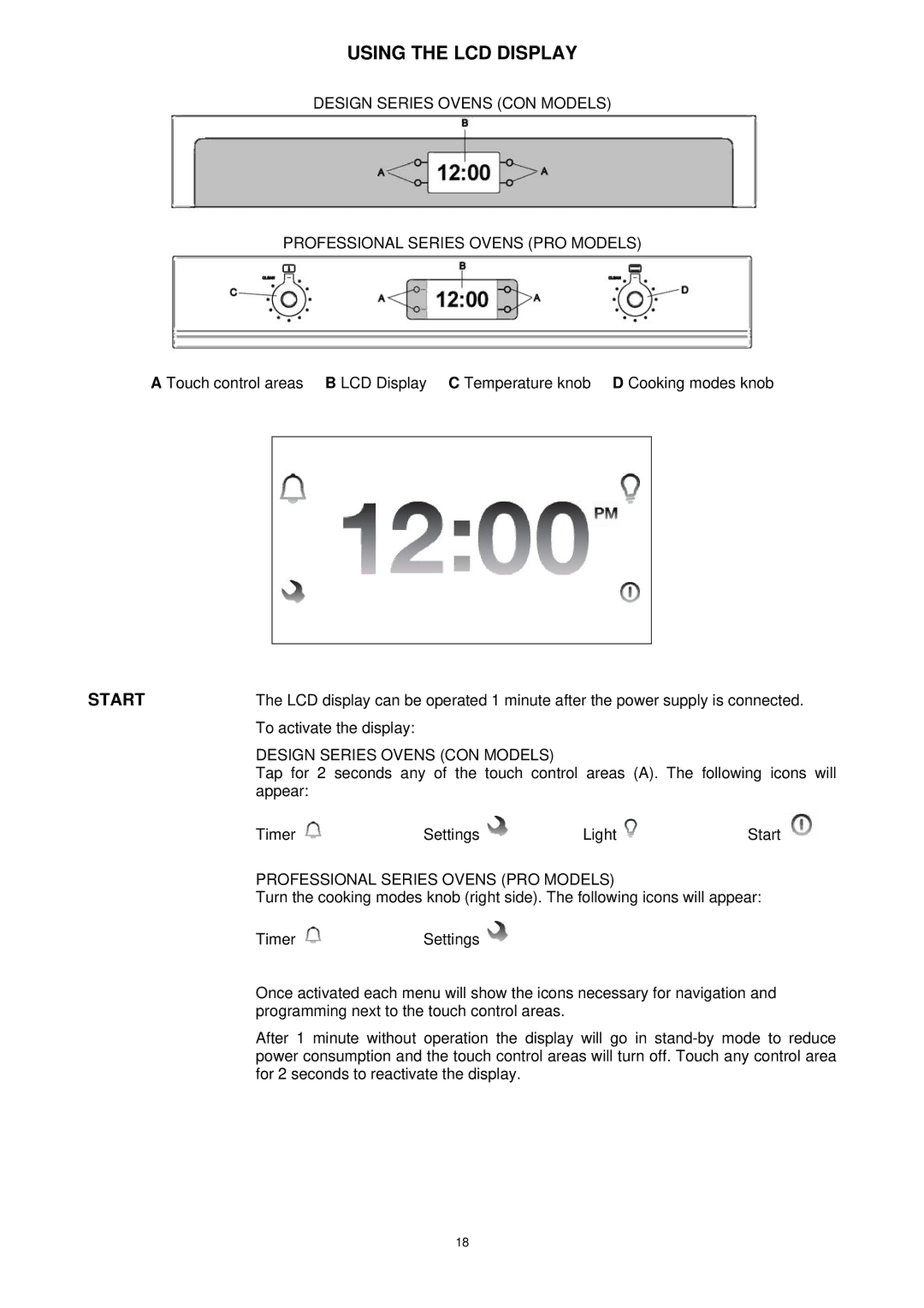 Bertazzoni F30CONXE, F30CONXT, F30PROXT, F30PROXE manual Using the LCD Display, Start 