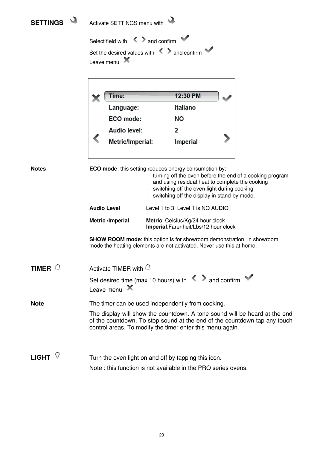 Bertazzoni F30CONXE, F30CONXT, F30PROXT, F30PROXE manual Settings, Timer, Light 