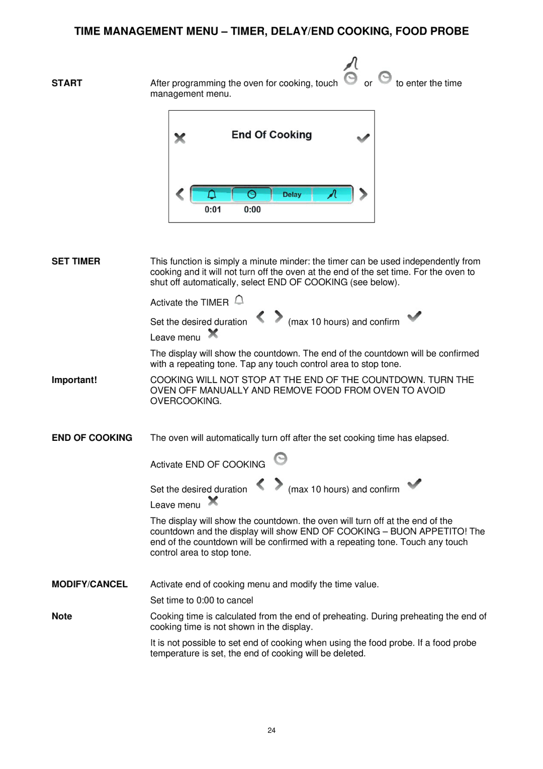 Bertazzoni F30PROXE, F30CONXE, F30CONXT, F30PROXT manual Start, SET Timer, END of Cooking, Modify/Cancel 