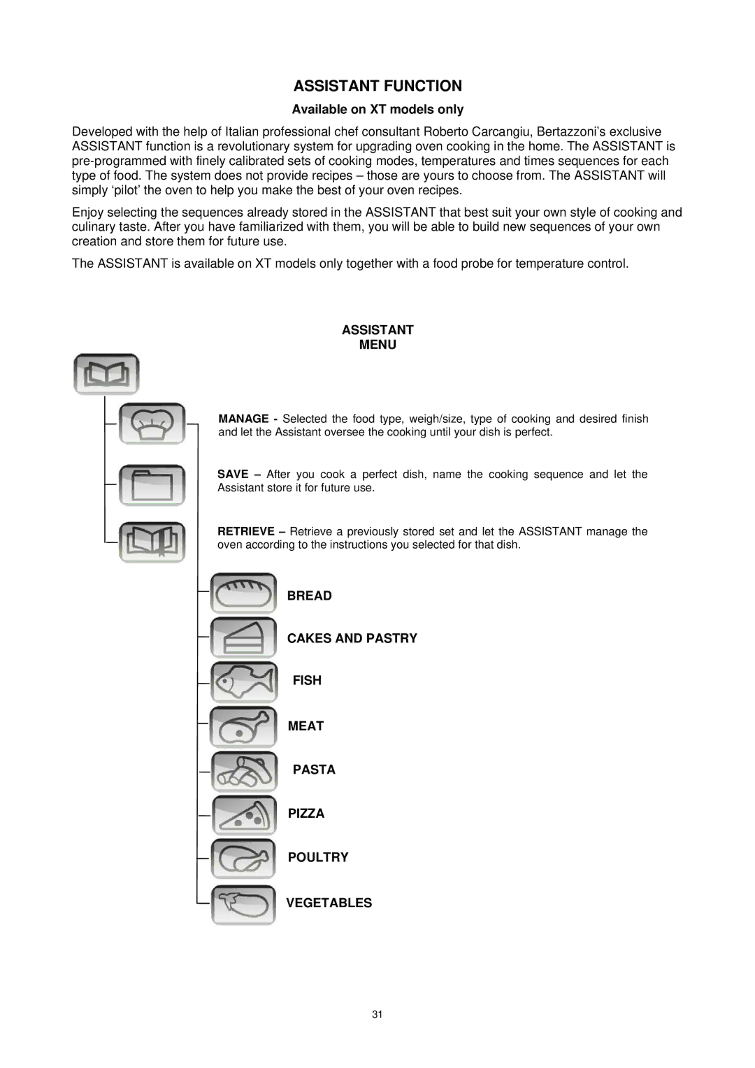 Bertazzoni F30CONXT, F30CONXE, F30PROXT, F30PROXE manual Assistant Function, Available on XT models only, Assistant Menu 