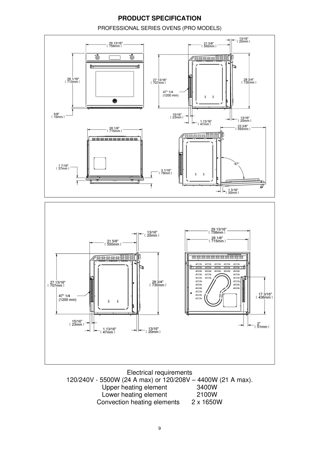 Bertazzoni F30PROXE, F30CONXE, F30CONXT, F30PROXT manual Product Specification 