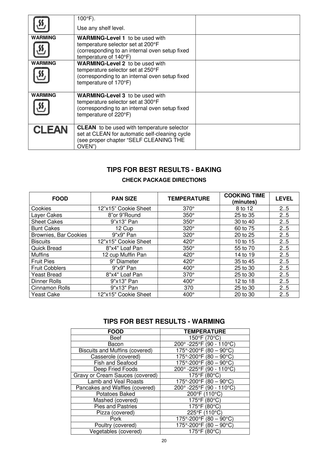 Bertazzoni F30PROXV manual Tips for Best Results Baking, Tips for Best Results Warming, Food Temperature 