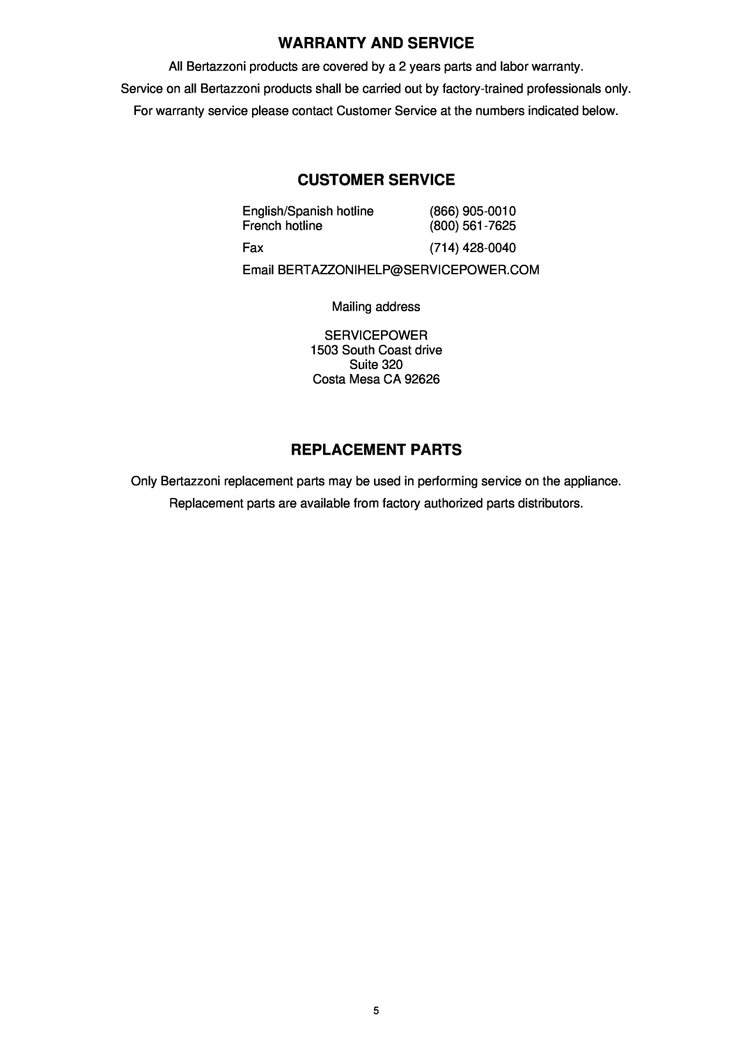 Bertazzoni F30PROXV manual Warranty And Service, Customer Service, Replacement Parts 