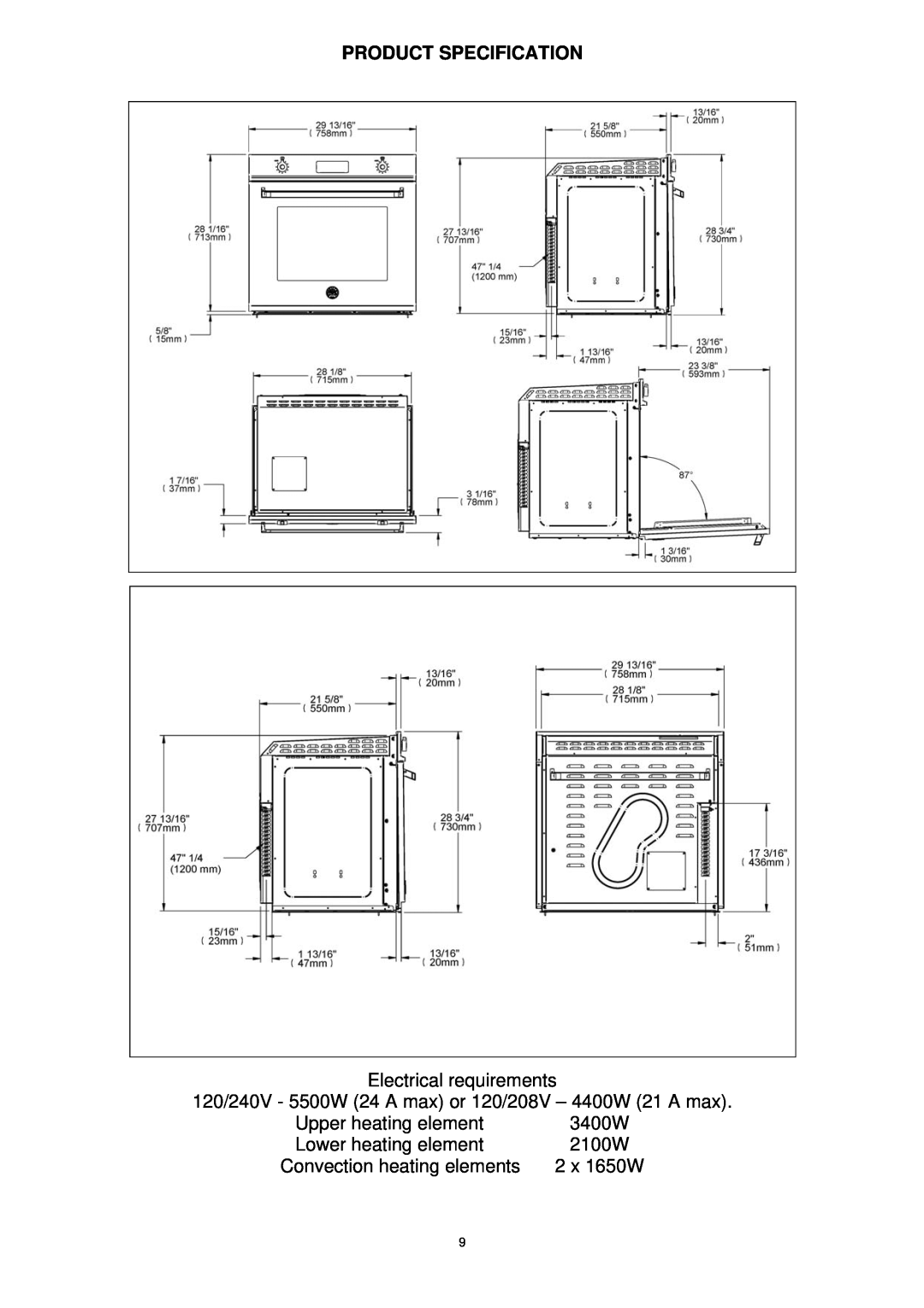 Bertazzoni F30PROXV manual Electrical requirements, Upper heating element, 3400W, Lower heating element, 2100W, 2 x 1650W 