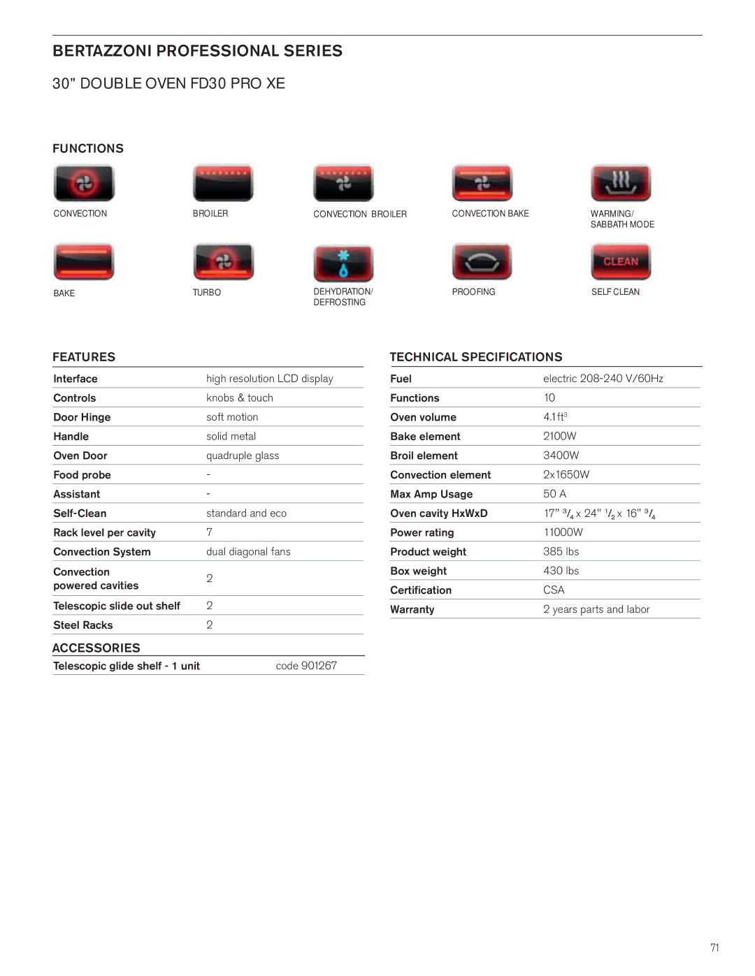 Bertazzoni FD30 PRO XE manual Functions, Features, Accessories, Technical Specifications 