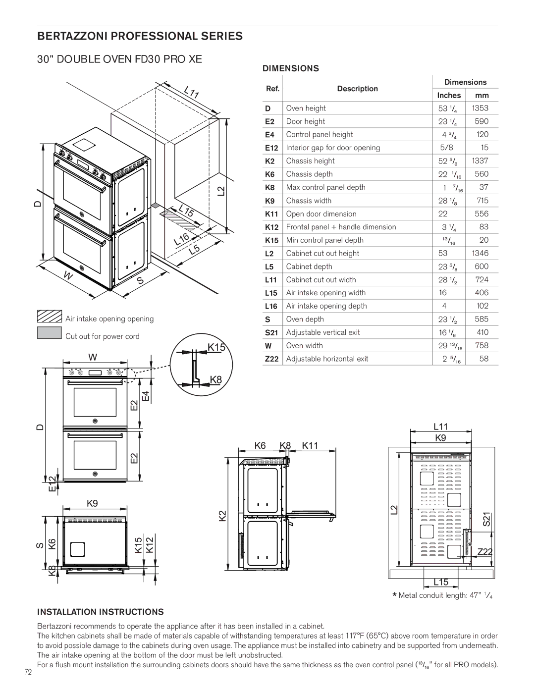 Bertazzoni FD30 PRO XE manual Dimensions, Installation Instructions 