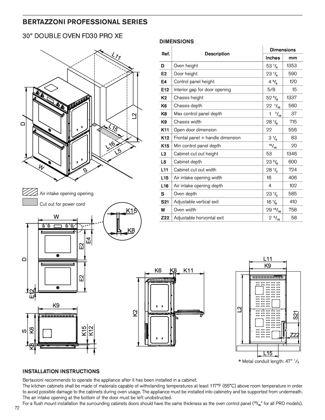 Bertazzoni FD30 PRO XE manual Bertazzoni Professional Series, Dimensions, Installation Instructions 