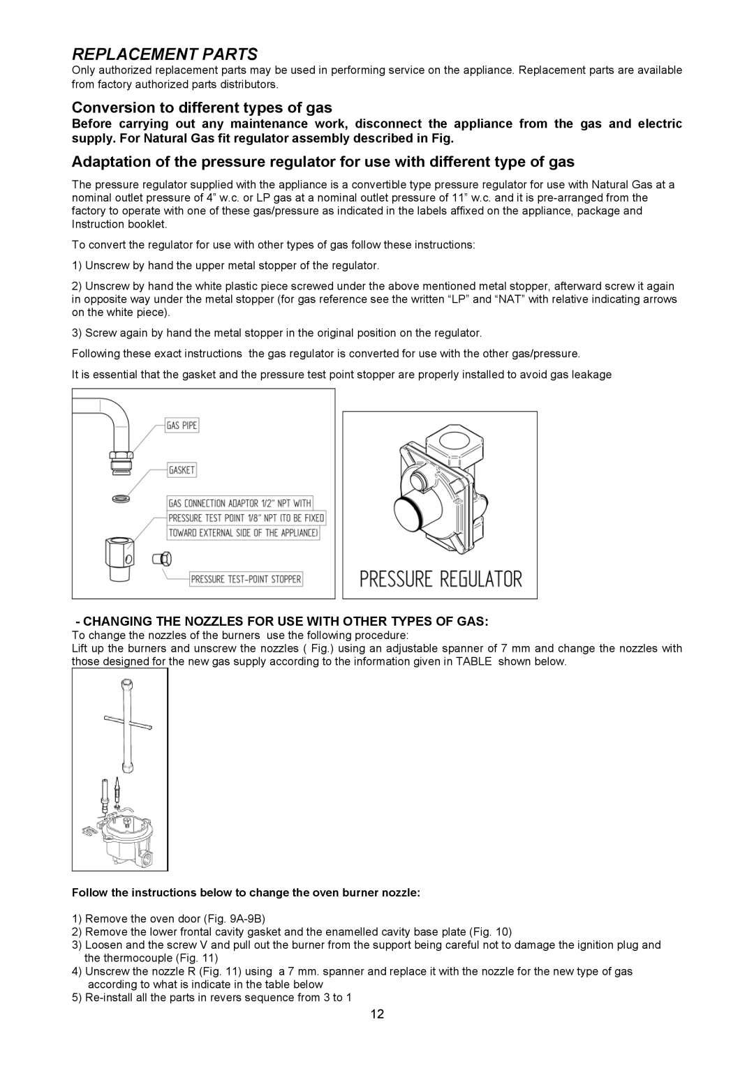 Bertazzoni H304GGVVI, H304GGVCR, H304GGVNE manual Replacement Parts, Conversion to different types of gas 