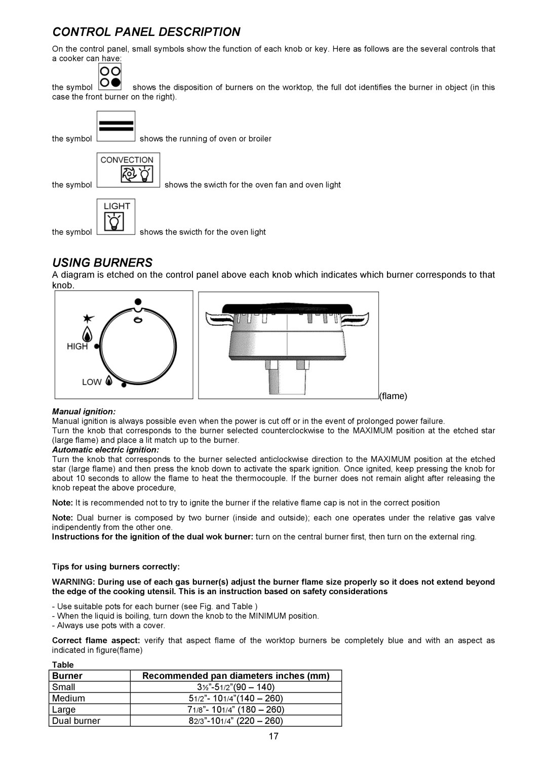 Bertazzoni H304GGVNE, H304GGVVI, H304GGVCR manual Control Panel Description, Using Burners, Tips for using burners correctly 