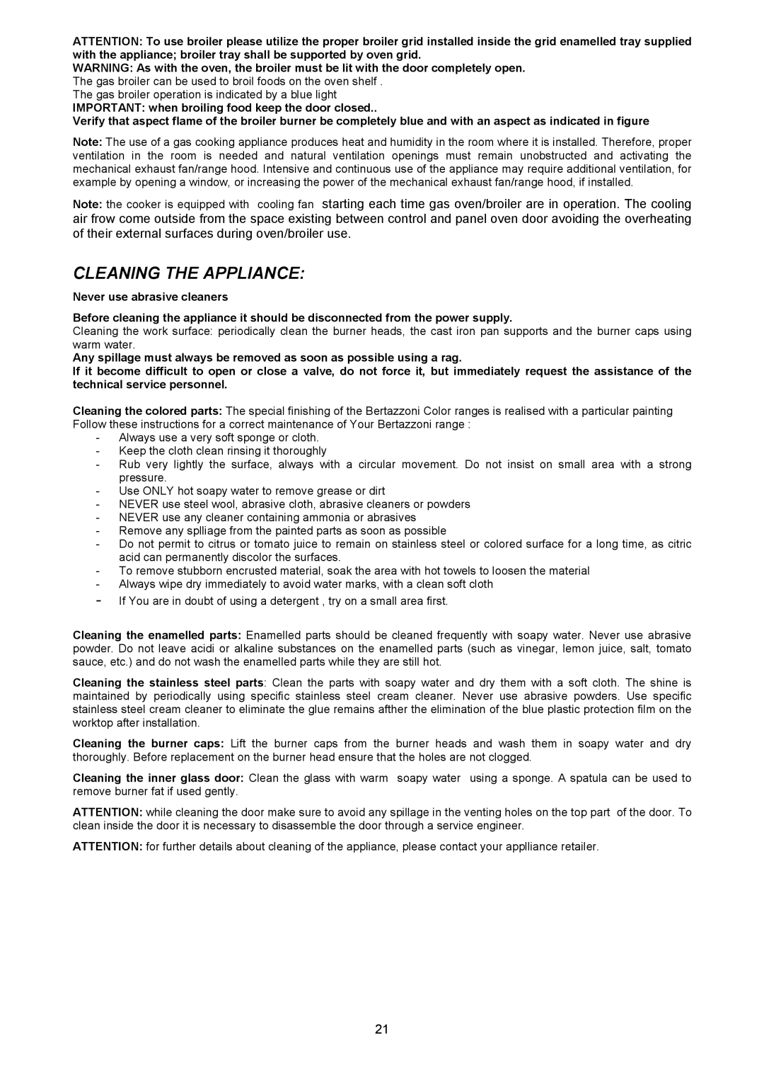 Bertazzoni H304GGVVI, H304GGVCR, H304GGVNE manual Cleaning the Appliance 