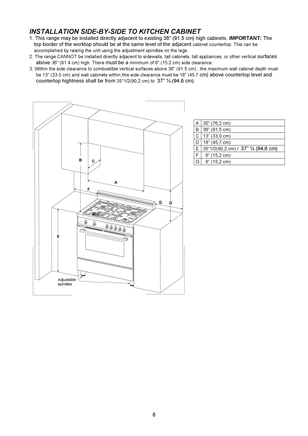 Bertazzoni H304GGVNE, H304GGVVI, H304GGVCR manual Installation SIDE-BY-SIDE to Kitchen Cabinet 