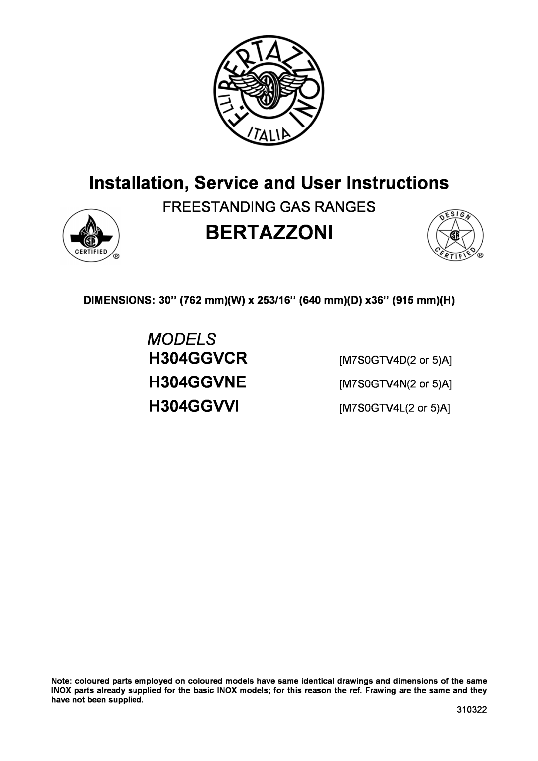 Bertazzoni H304GGVCR manual Freestanding Gas Ranges, Bertazzoni, Installation, Service and User Instructions, Models 