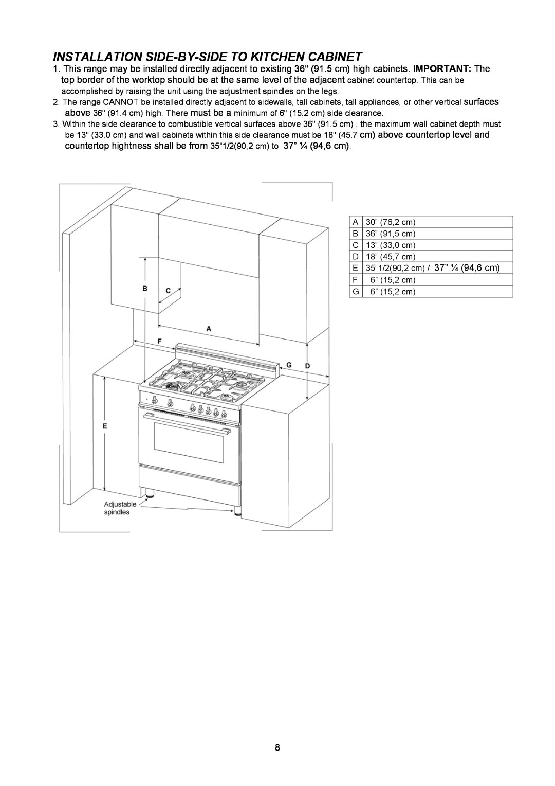 Bertazzoni H304GGVNE, H304GGVVI, H304GGVCR manual Installation Side-By-Sideto Kitchen Cabinet 