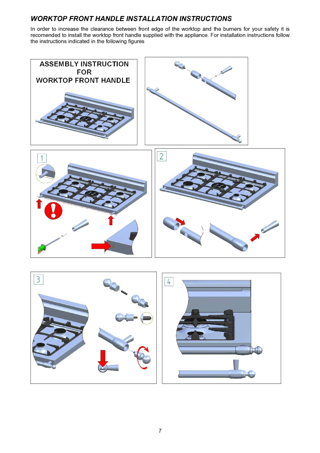 Bertazzoni H366GGVNE, H366GGVVI, H366GGVCR manual Worktop Front Handle Installation Instructions 