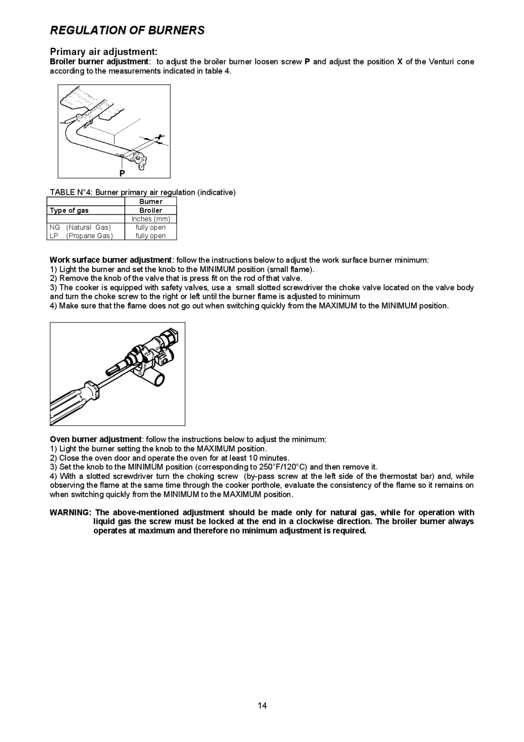 Bertazzoni H48 6G GGV CR, H48 6G GGV NE, H48 6G GGV VI dimensions Regulation of Burners, Primary air adjustment 