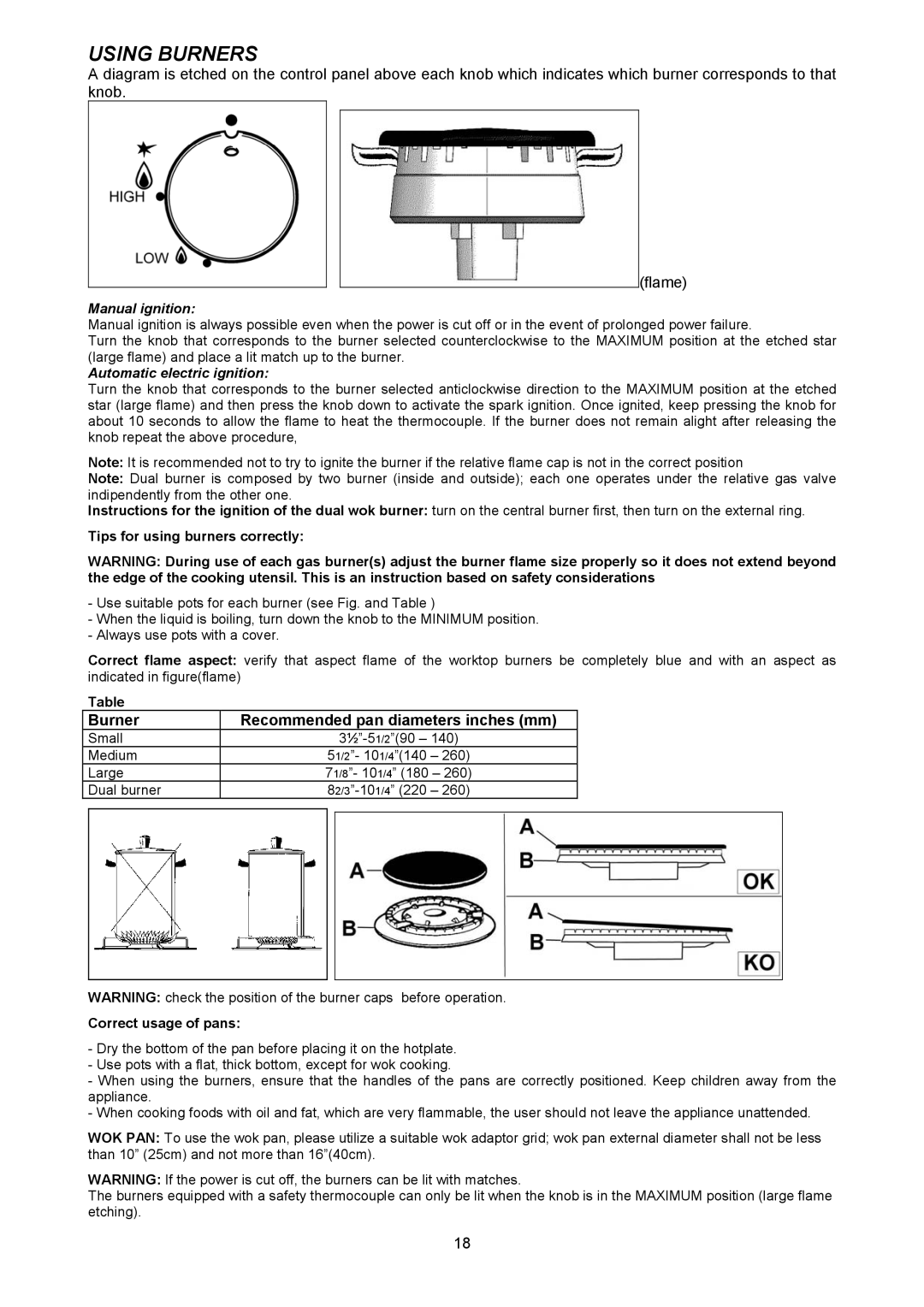 Bertazzoni H48 6G GGV NE, H48 6G GGV VI, H48 6G GGV CR dimensions Using Burners, Manual ignition 