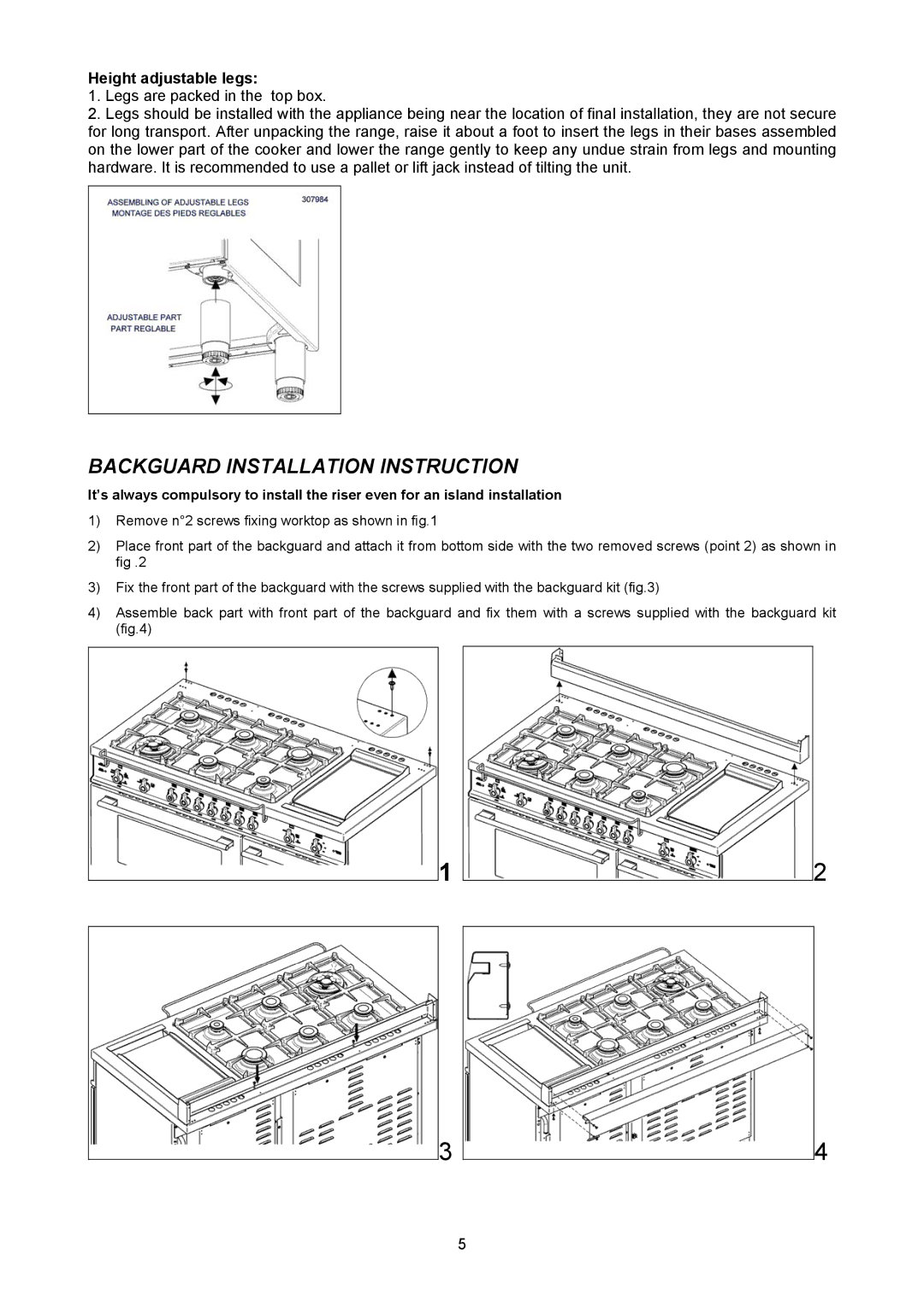 Bertazzoni H48 6G GGV CR, H48 6G GGV NE, H48 6G GGV VI dimensions Backguard Installation Instruction, Height adjustable legs 