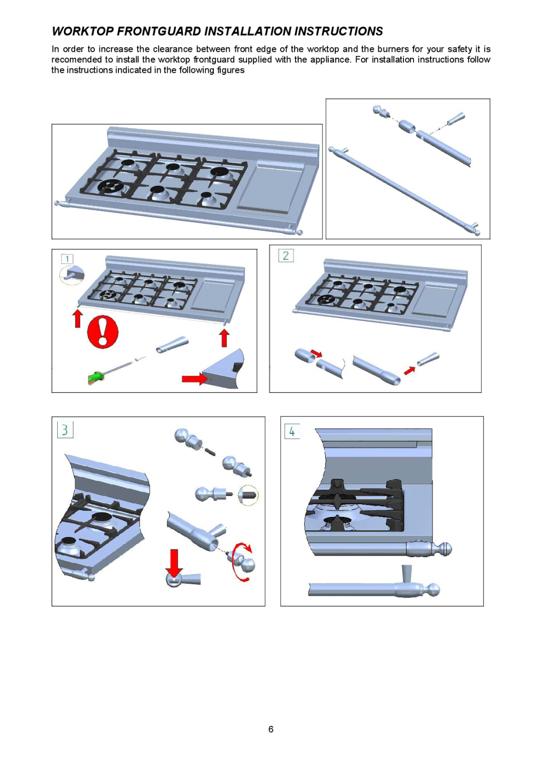 Bertazzoni H48 6G GGV NE, H48 6G GGV VI, H48 6G GGV CR dimensions Worktop Frontguard Installation Instructions 