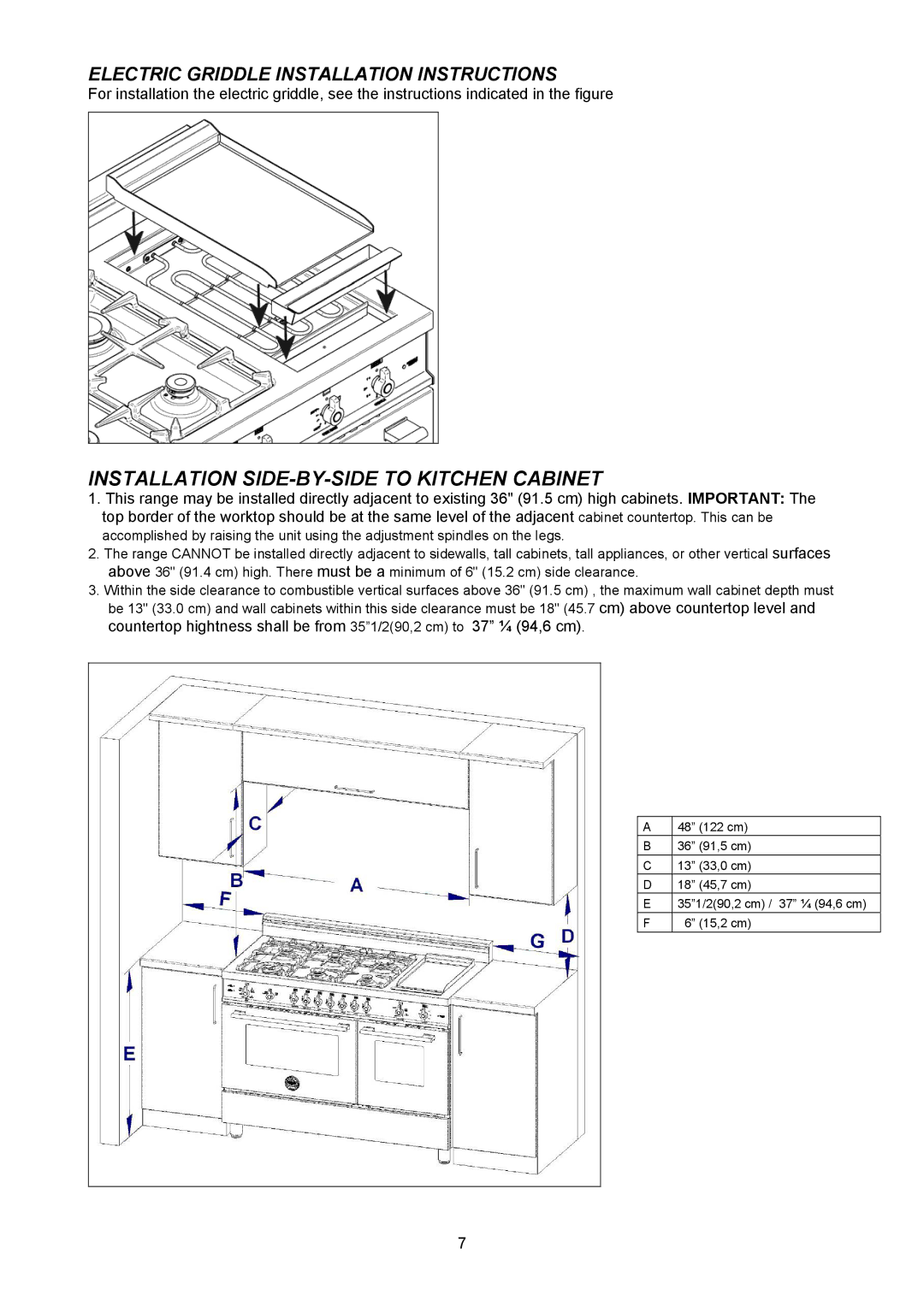 Bertazzoni H48 6G GGV VI, H48 6G GGV NE, H48 6G GGV CR dimensions Installation SIDE-BY-SIDE to Kitchen Cabinet 