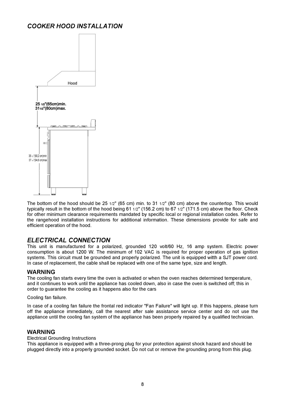 Bertazzoni H48 6G GGV CR, H48 6G GGV NE, H48 6G GGV VI dimensions Cooker Hood Installation, Electrical Connection 