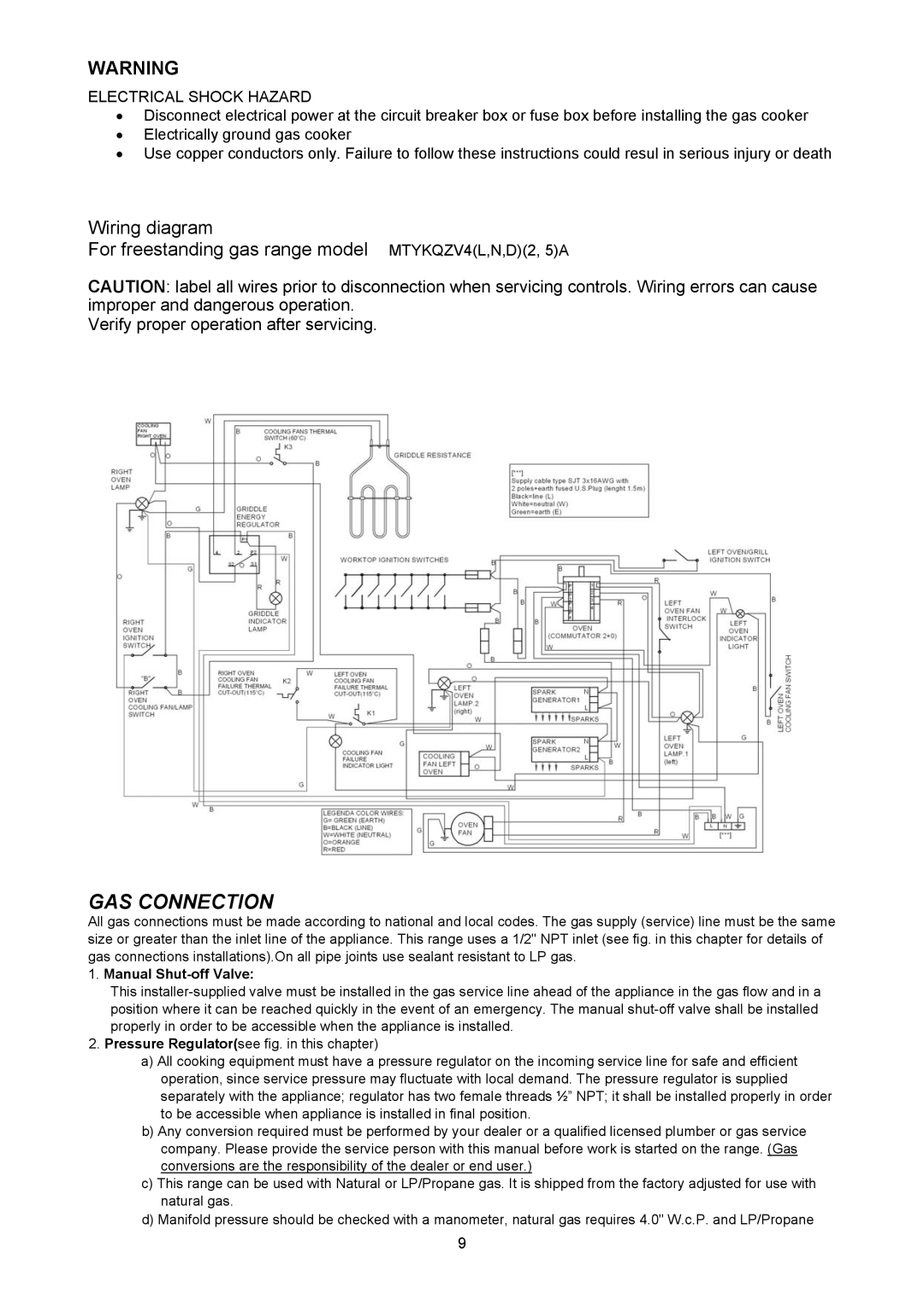 Bertazzoni H48 6G GGV NE, H48 6G GGV VI, H48 6G GGV CR dimensions GAS Connection, Electrical Shock Hazard 