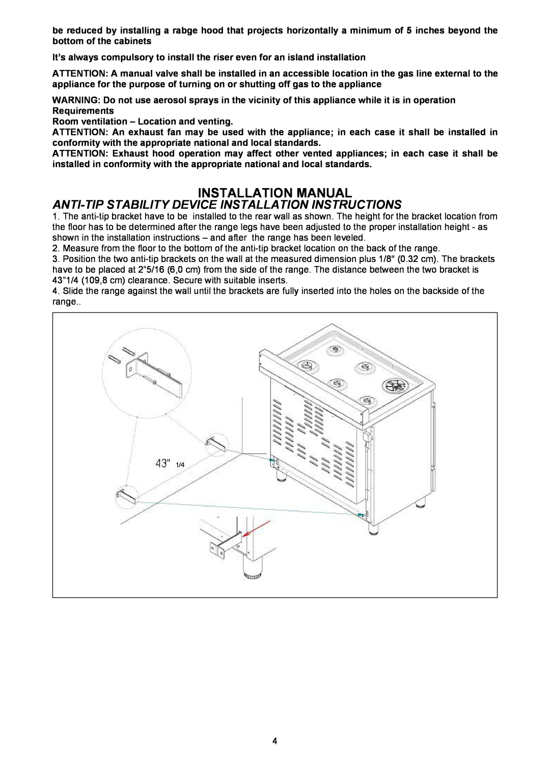 Bertazzoni H48 6G GGV VI, H48 6G GGV NE dimensions Installation Manual, ANTI-TIP STABILlTY DEVICE INSTALLATION INSTRUCTIONS 
