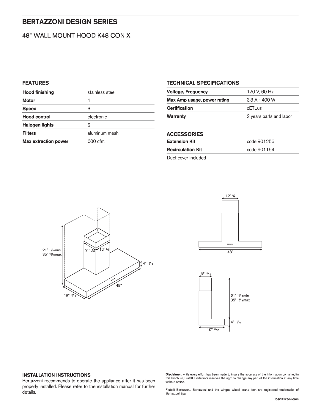 Bertazzoni K48 CON X manual Bertazzoni Design Series, 48” Wall mount hood K48 CON, Features, Technical Specifications 