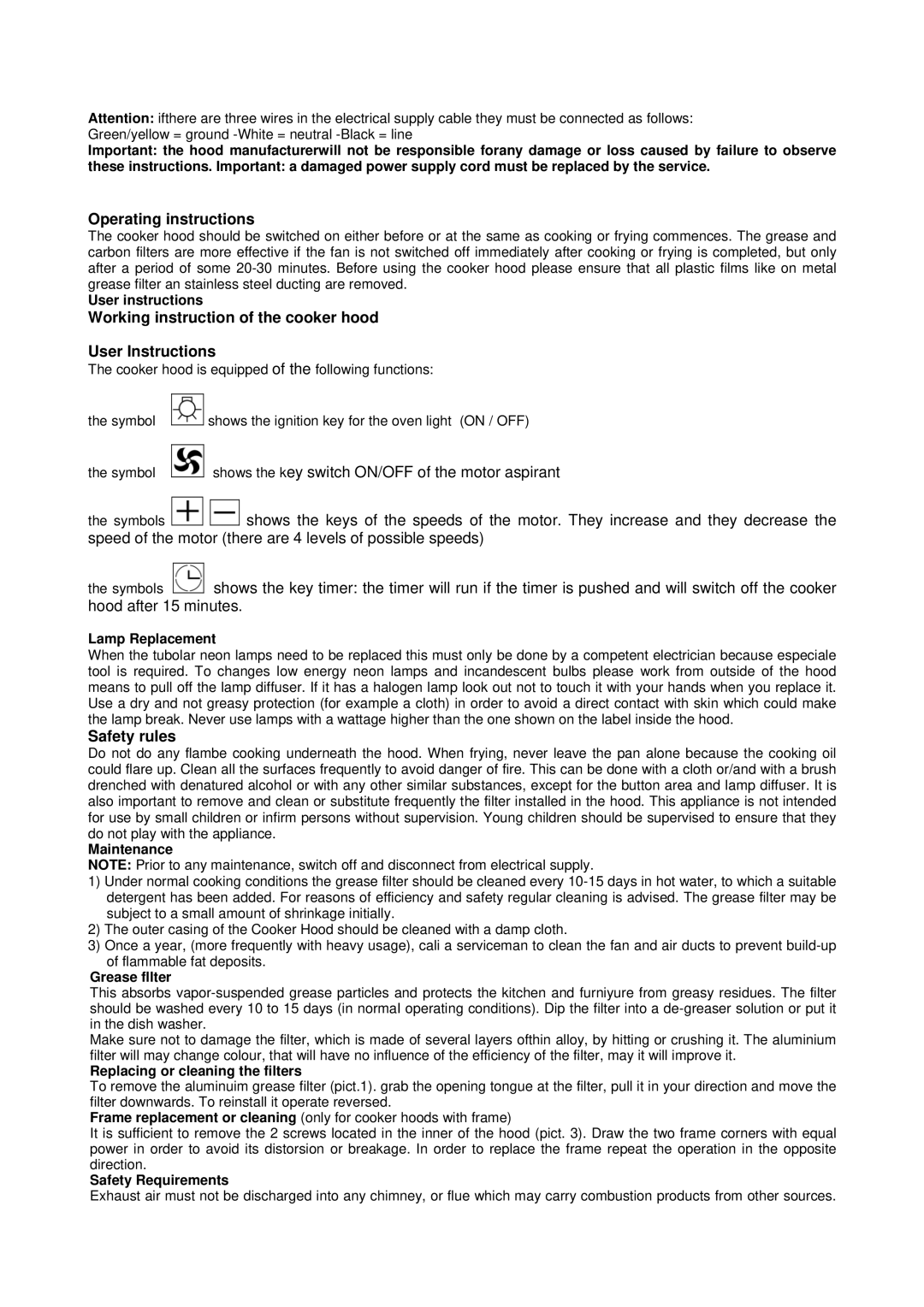 Bertazzoni K36 CON X/01 Operating instructions, Working instruction of the cooker hood User Instructions, Safety rules 