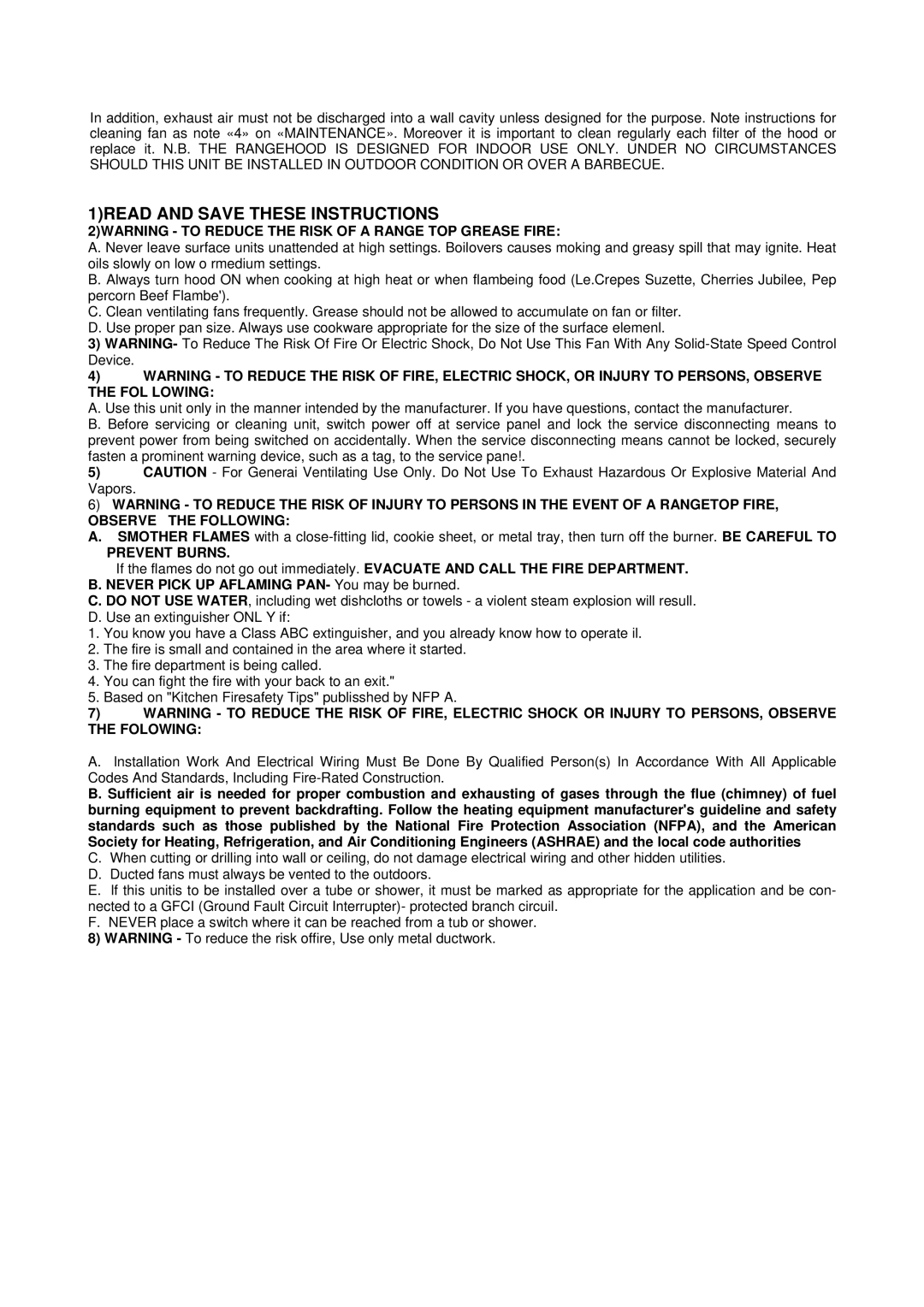 Bertazzoni K48 CON X/01, K36 CON X/01 1READ and Save These Instructions, Never Pick UP Aflaming PAN- You may be burned 