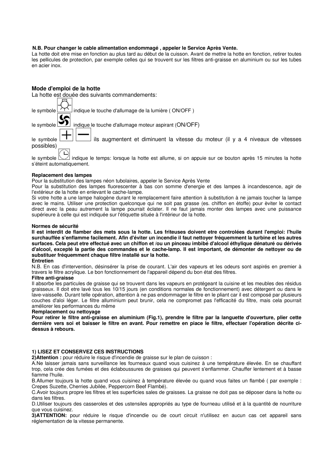 Bertazzoni K48 CON X/01, K36 CON X/01 manual Mode demploi de la hotte, Replacement des lampes, Filtre anti-graisse 