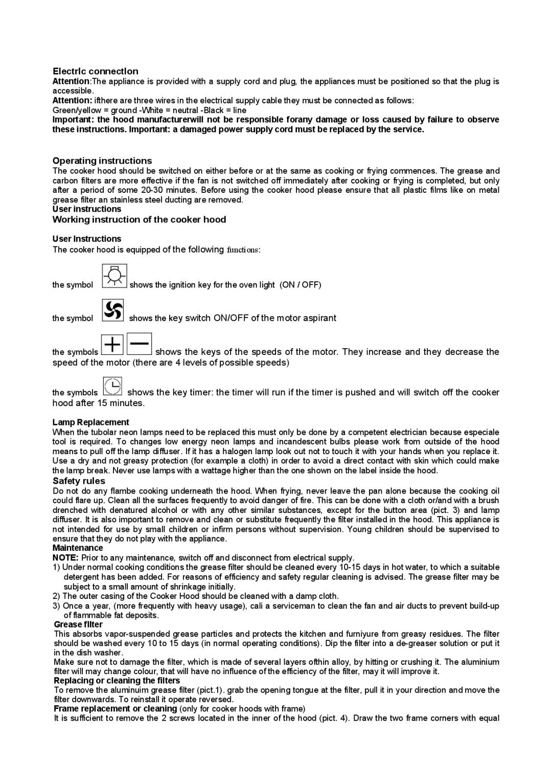 Bertazzoni K36 HER X/01 Electrlc connectlon, Operating instructions, Working instruction of the cooker hood, Safety rules 