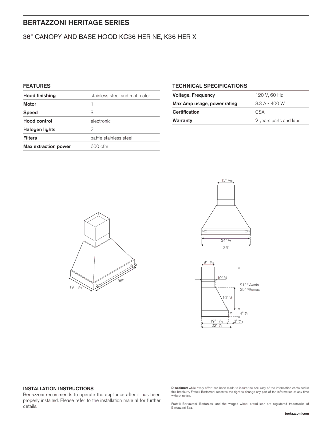 Bertazzoni Bertazzoni Heritage Series, Canopy and Base Hood KC36 HER NE, K36 HER, Features, Technical Specifications 
