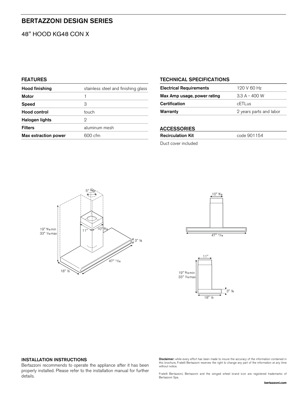 Bertazzoni KG48 CON X manual Bertazzoni Design Series, HOOD KG48 CON, Features, Technical Specifications, Accessories 