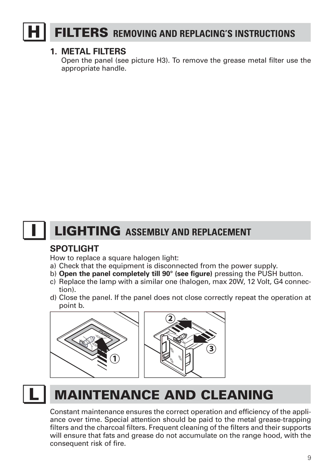 Bertazzoni KIN 36 PER X Maintenance and Cleaning, Filters Removing and REPLACING’S Instructions, Metal Filters, Spotlight 